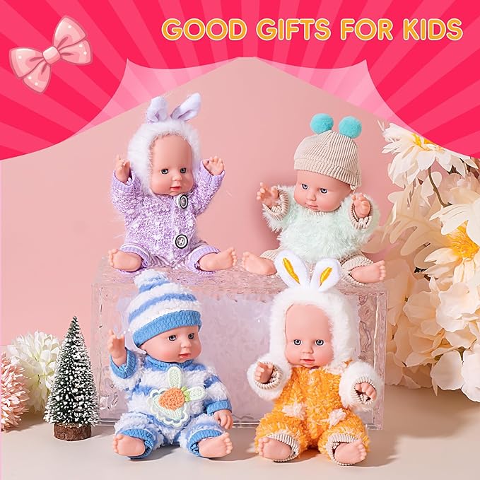 4 Pcs 7 Inch Baby Doll Playset with 4 Adorable Clothes, Mini Reborn Baby Dolls Nursery Toys for Toddlers Girls Kids 3+