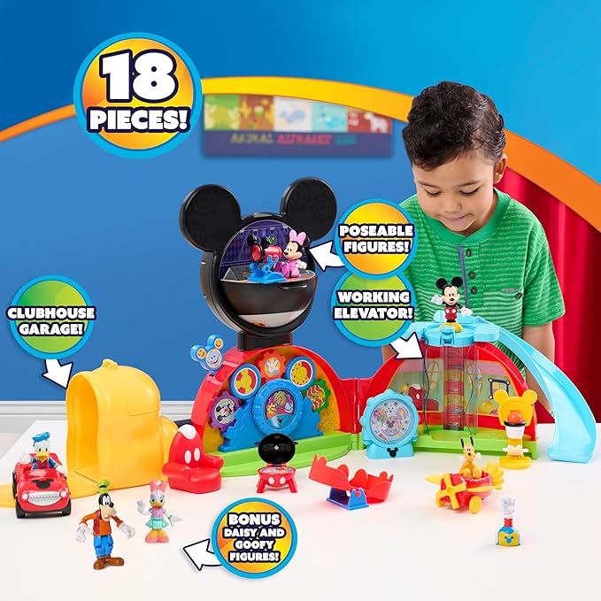 Disney Jr. Mickey Mouse Clubhouse Deluxe 28-inch Playset with 2 Exclusive Bonus Figures and Lights & Sounds, 18-Pieces, 3-inch Articulated Figurine Toys, Ages 3 and Up by Just Play