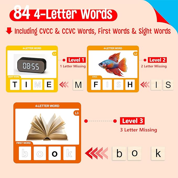 Word Spelling Game, 312 Wooden Letters Tiles & 300 Common Words for - CVC, CVCC, CCVC, Sight Word & First Word Learning, Montessori Early Educational Tool for Kids 4-9, Autistic Toys for Grades 1-3