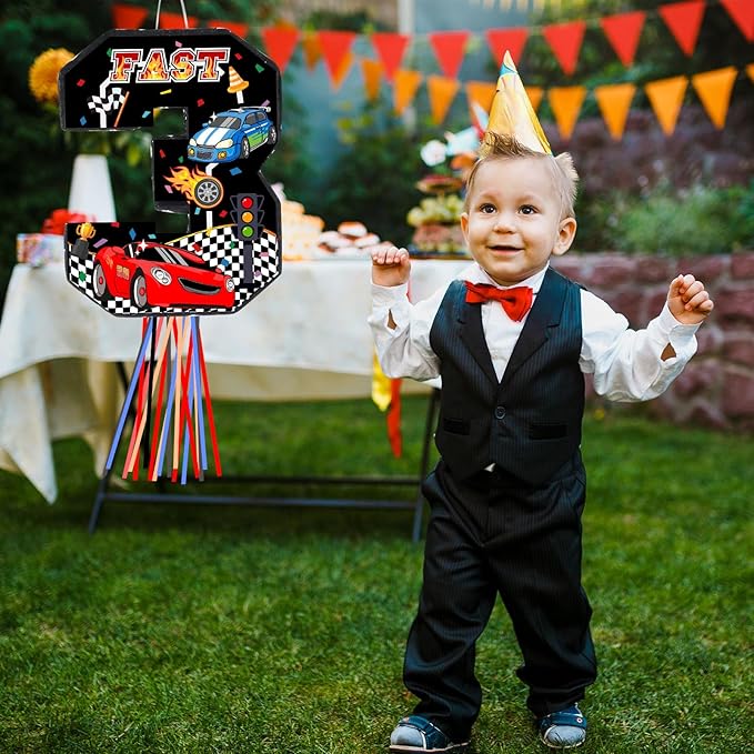 Race Car Piñata Pull String Cars Piñatas for Birthday Party Decorations Number 2 3 4 5 6 with Blindfold Stick Small Red Black Racing Theme 2nd 3rd 4th 5th 6th Party Supplies(Number 3)