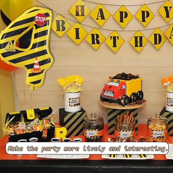 40 Inch Giant Construction Theme Number Balloons - Large Number 4 Balloons Yellow and Black Striped for Kids' Construction Birthday Anniversary Party Decorations Supplies Number 2-4 Balloon