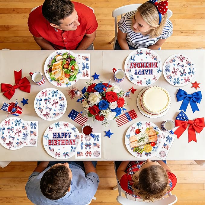 96Pcs Red White and Blue Birthday Decorations Patriotic Plates and Napkins Disposable Blue and Red Bows Decor Paper Tableware for Girls Happy Birthday Presidents Day Party Supplies Serves 24