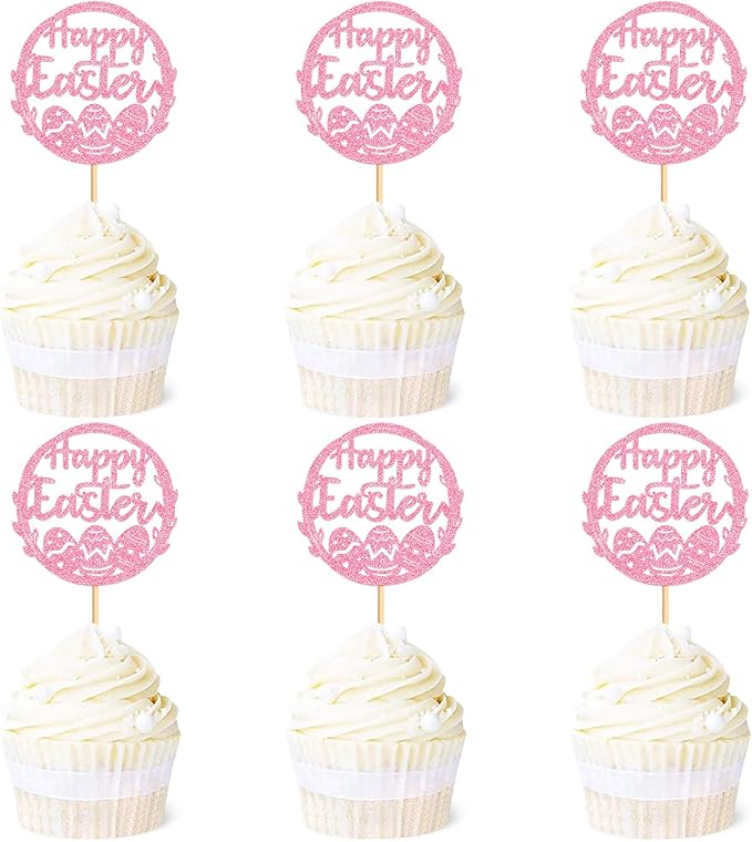 Ercadio 24Pcs Happy Easter Cupcake Toppers Glitter Pink Happy Easter Eggs Cupcake Picks for Easter Day Theme Baby Shower Easter Birthday Wedding Anniversary Party Cupcake Decorations