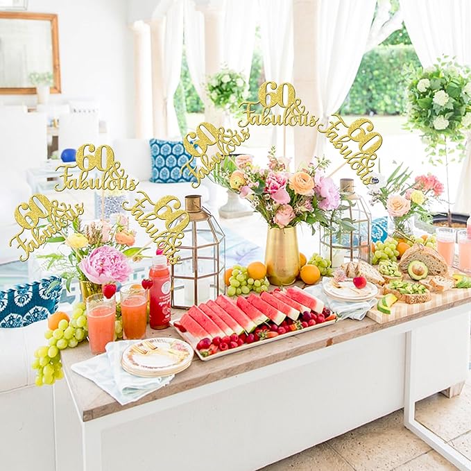 12 PCS 60 and Fabulous Centerpiece Sticks Double Sided Happy 60th Birthday Table Flower Centerpieces Sticks Cheers to 60 Floral Decorations for 60th Birthday Anniversary Party Supplies Gold