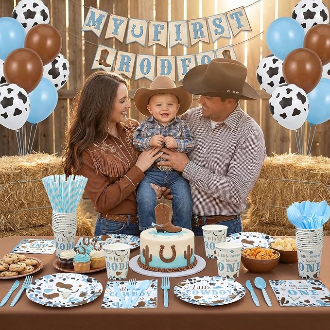 450 Pcs My First Rodeo Birthday Tableware Set Decorations Western Cowboy 1st Rodeo Paper Plates Disposable Napkins Cups Cutlery Straws for Boy Baby Shower Party Supplies, Serves 50