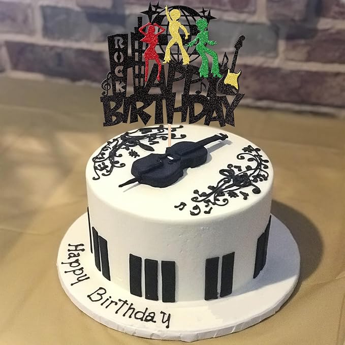 1 PCS Rock Happy Birthday Cake Topper Glitter Guitar Music Disco Ball Cake Pick 70's Disco Dancing Rock and Roll Cake Decoration for Rock Band Music Concert Theme Birthday Party Decorations Supplies