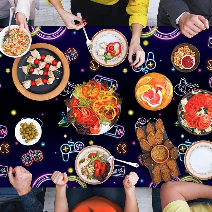 Video Game Party Tablecloths - 3Pcs Neon Video Game Birthday Party Table Covers Decorations, Game on Themed Rectangular Plastic Disposable Table Cloth Decor for Kids Birthday Gaming Events Supplies