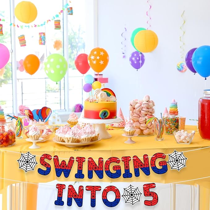 TaoBary Spider Theme 5th Birthday Banner, Pre-strung Swinging into 5 Banner, Spider 5th Birthday Decorations Party Supplies for Kids, Fifth Decor for 5 Years Old Boys Girls(Multicolor)