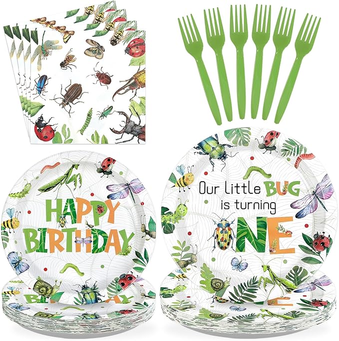 96 Pcs Bug One Birthday Party Decorations Ladybug 1st Birthday Themed Paper Plates and Napkins Spring Natural Bug Tableware Set for First Kids Boys Girls Baby Shower Party Supplies Serves 24