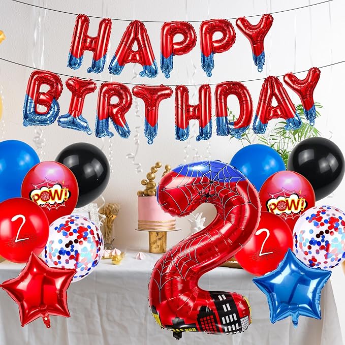 Cartoon Hero 40 Inch Red and Blue Spider Theme Number Foil Birthday Decoration Balloon, Spider Theme Happy Birthday Banner Party Decoration Balloon, Letter Logo Superhero Party Supplies (2)