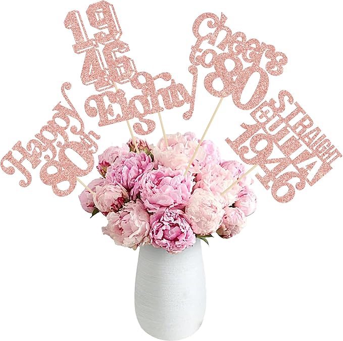 Gyufise 15Pcs Happy 80th Birthday Centerpiece Sticks Eighty Straight Outta 1946 Table Flower Centerpieces Sticks Cheers to 80 Decorations for 80th Birthday Party Supplies Rose Gold