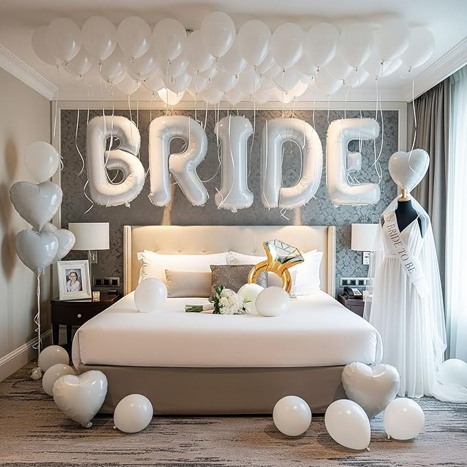White Bridal Shower party decorations with pearl balloons Bridal Veil BRIDE Balloons Sash with Diamond Ring Heart Balloons Bridal Veil for Bachelorette Party Decor Bride To Be suppiles