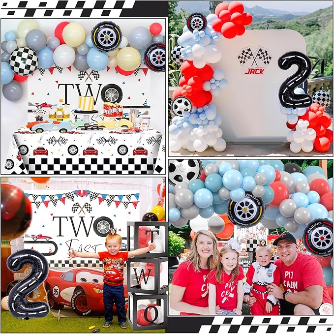 134 Two Fast Birthday Decorations Race Car Party Supplies for 2 Year Old Boy Racing Balloon Garland Arch Kit Backdrop Tablecloth Box Crown Wheel Checkered Balloon 2nd Two Fast Birthday Decor
