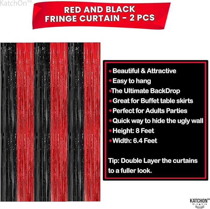 KatchOn Red and Black Fringe Curtain - 6.4x8 Ft Pack of 2 | Red and Black Streamers for Casino Theme Party Decorations | Foil Fringe for Anniversary, Bachelorette, Birthday Decorations
