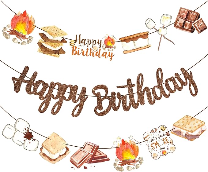 S'more Birthday Party Banners S'more Party Happy Birthday Banners Bonfire Camping Theme Hanging Decoration for Campfire Camper Birthday Party Baby Shower Supplies