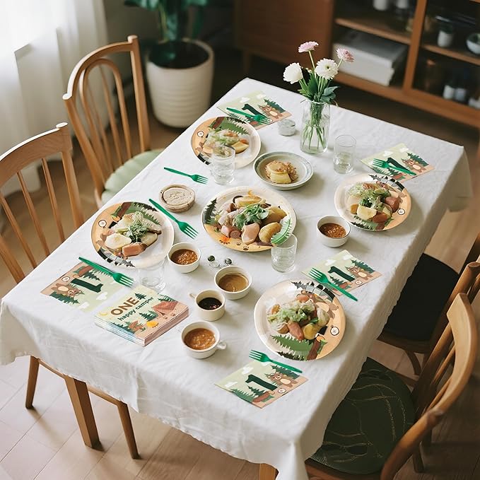 Camping Tableware Party Supplies - 96Pcs One Happy Camper Tableware Decorations Camping Adventure Themed Disposable Paper Plates Napkins Forks for Kids Boy 1st Birthday Baby Shower Serve 24