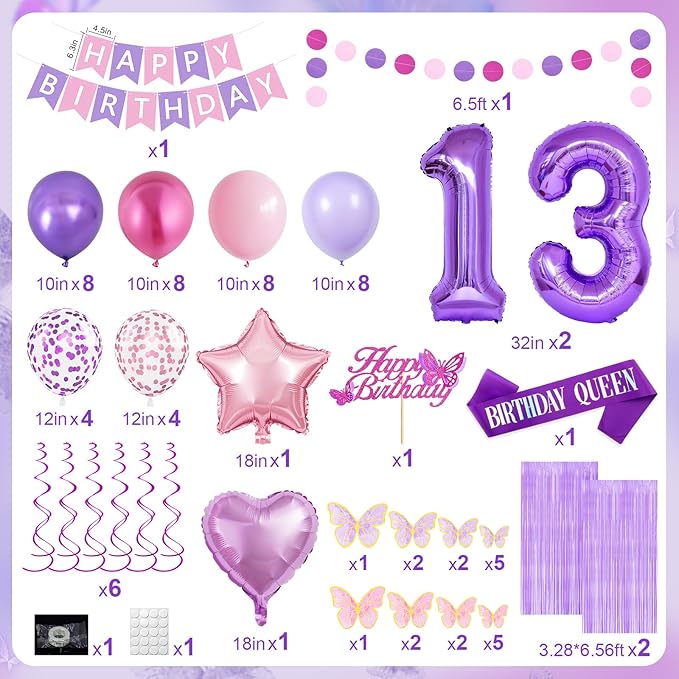 13th Purple Birthday Decorations for Girls, Pink and Purple Happy 13 Birthday Party Decorations with Happy Birthday Banner, Number Foil Balloons, Butterfly Cake Topper for 13th Party Supplies