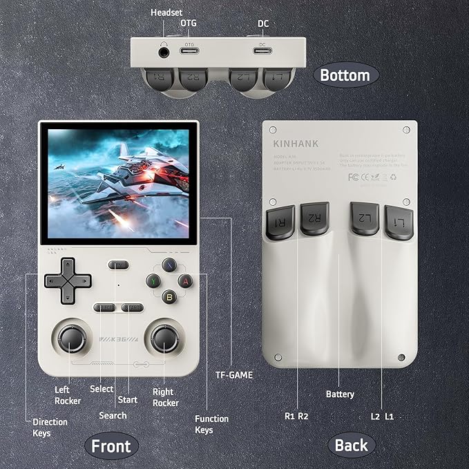kinhank K36 Retro Handheld Game Console, Supports 9000+ Games, Equipped with 64G TF Card, Portable Mini Retro Video Games Console, 3.5-inch IPS Screen, 640x480 Resolution, 500nit (Gray)