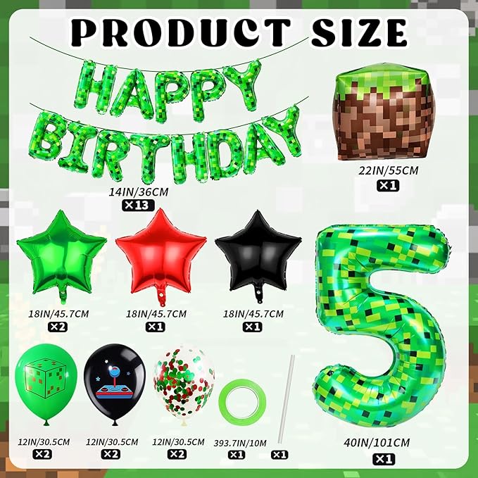 40in Pixel Number 5 Balloon Birthday Decorations, Miner Theme Foil Balloons banner Blast Gaming Party Supplies
