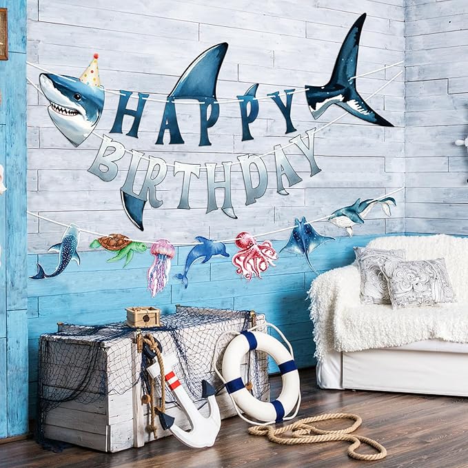 Hooqict Ocean Birthday Party Decorations Shark Happy Birthday Banner Garland Sea Ocean Party Banner for Kids Boys Under The Sea Animal Themed Party Decorations