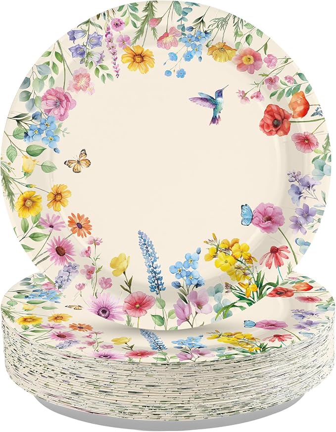 50 Pcs Wildflower Paper Plates 10" Large Vintage Wild Flower Dessert Plates Disposable Watercolor Floral Butterfly Bird Party Supplies for Spring Wedding Birthday Bridal Baby Shower Party Decorations