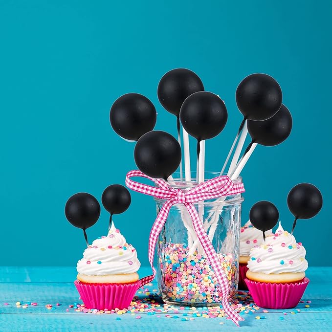 Gyufise 30Pcs Mini Balloon Cake Topper Foam Ball Cake Picks Cupcake Faux Pearl Balls DIY Cake Insert Topper Decoration for Anniversary Graduation Birthday Party Baby Shower Black