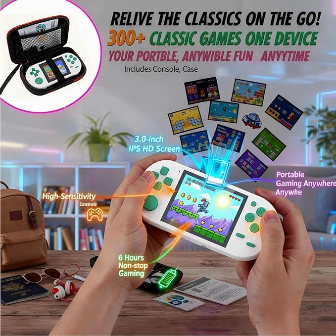 16-Bit Handheld Game Console - 3 Inch HD Screen 300-in-1 Retro Games - Portable Classic Video Game Player for Kids & Adults, Include Protective Carrying Case (White)