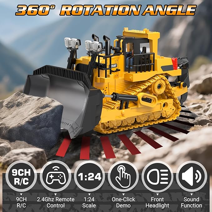 RC Bulldozer Toy for Boys, Remote Control Play Bulldozer Construction Vehicles, 9CH 2.4Ghz Track Type Tractor Dozer with Metal Blade & Light, Truck Toys for Kids 3-12 Year Old Christmas Birthday Gifts