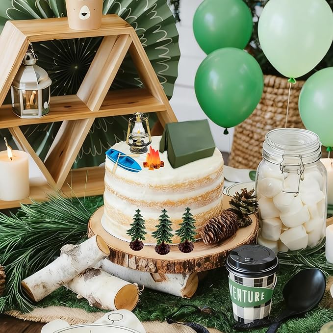 Morofme Camping Cake Decorations Tent Cake Topper Wilderness Forest Themed Cupcake Topper Boat Fireside Campfire Tree Cupcake Decor for Camping Theme Birthday Party Supplies
