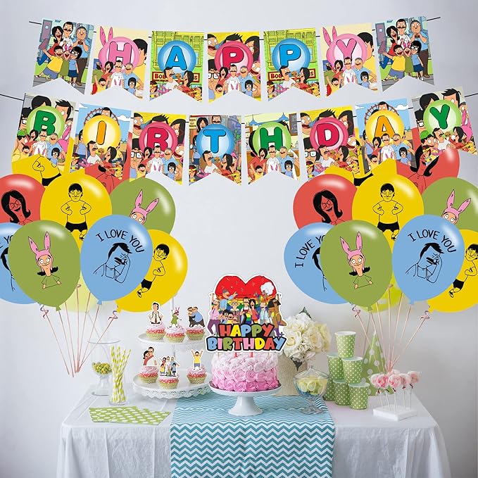 Bobs Burgers Party Decorations - Birthday Supplies with Banner, Cake Topper, 12 Cupcake Toppers, 18 Balloons, 50 Stickers