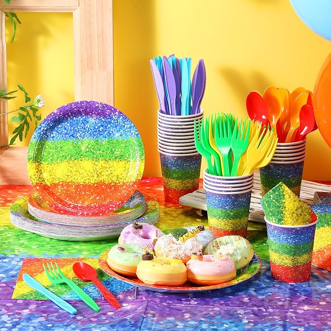 Zhehao 169 Pcs Rainbow Party Decorations Supplies with Disposable Tablecloths Plates Napkins Cups Straws Knives Forks Serve 24 Guests for Birthday Bridal Shower Rainbow Pride Party Favor (Colorful)