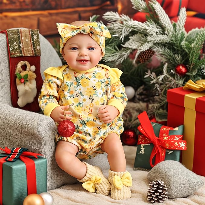BABESIDE 3 Pcs Reborn Baby Doll Clothes for 17-22 Inch Babydolls, Floral Pattern Babydoll Clothes with Shoes and Headband for Lifelike Reborn Baby Dolls Accessories, Yellow