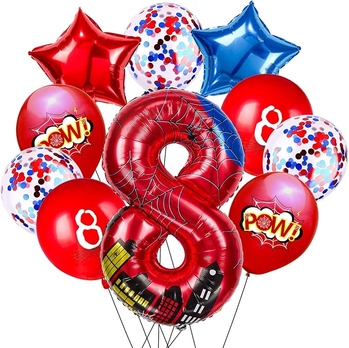 Cartoon Hero 40 Inch Red and Blue Spider Theme Number Foil Birthday Decoration Balloons, Cartoon Party Birthday Supplies, Number large Balloons for Spider Theme Party (8)
