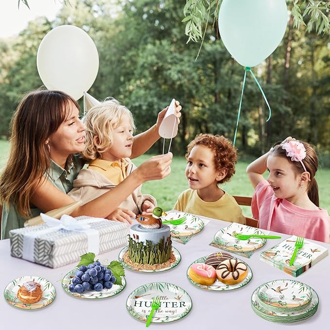 Mallard Duck Birthday Party Supplies - 96Pcs A Little Hunter is on the Way Plates Napkins Forks Tableware Set, Disposable Paper Plates Party Decoration for Birthday Baby Shower Table Decor, Serve 24
