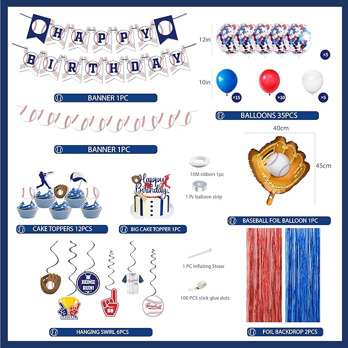 Baseball Party Decorations, Baseball Birthday Party Supplies Kit, Include Sport Themed Birthday banner, Foil Fringe,Hanging Swirls, Baseball Balloons, Cake&Cupcake Toppers