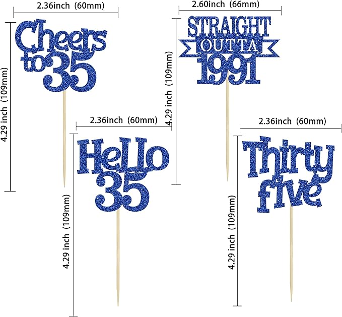 Ephlyn 24Pcs Happy 35th Birthday Cupcake Toppers Blue Thirty Five Cupcake Picks Hello 35 Cheers to 35 Years Birthday Cake Decorations for 35th Birthday Anniversary Party Decor Supplies