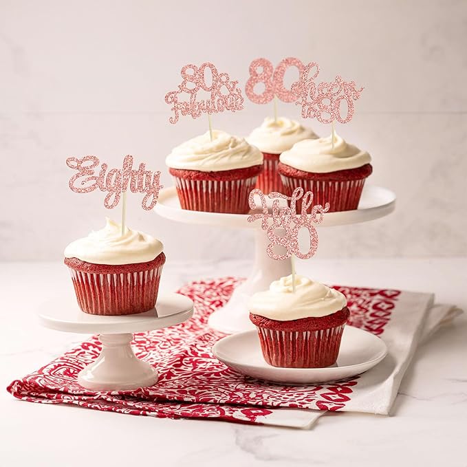 30Pcs Happy 80th Birthday Cupcake Toppers Eighty Cheers to 80 Years Old Birthday Cupcake Picks for Happy 80th Birthday Anniversary Party Cake Decorations Rose Gold Glitter