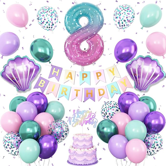 8th Mermaid Birthday Decoration,Metallic Purple Pink Green Blue Latex Balloons for Girls Party Decoration Number 8 Seashell Foil Balloons Banner Cake Topper Sea Decoration