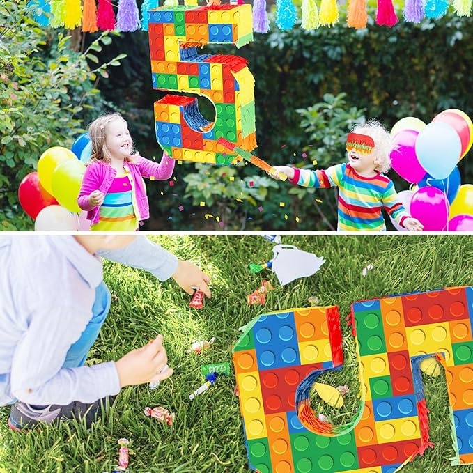 Building Blocks 5th Birthday Party Decorations Number 5 Pinata with Pinata Stick & Blindfold for Kids Girls Boys Happy Birthday Building Block Theme Party Supplies Carnival Games