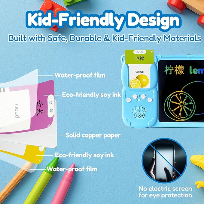 Drawing Tablet with Bilingual Flashcards for Kids - Chinese English Talking Flash Cards, LCD Writing Pad Board, Pocket Speech for Toddlers, Learning Toy Gift for Boys Girls (Chinese, Blue)