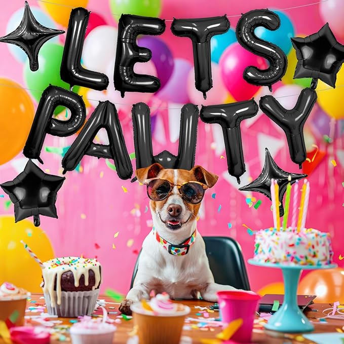 Lets Pawty Balloons Banner 16 Inch,Black Dog Birthday Decorations with 4pcs 10 Inch Star Balloons,Paw Foil Letter Balloon for Dogs Paw Pet Puppy Theme Party Supplies