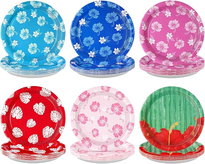 60Pcs Hawaiian Party Paper Plates 9 Inch Disposable Heavy Duty Hawaiian Hibiscus Floral Plates Tropical Luau Cartoon Hibiscus Party Decorations for Hawaii Summer Beach Pool Holiday Birthday Supplies