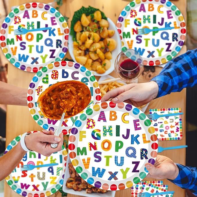 96 PCS Colorful Alphabet Party Decorations, Disposable ABC Letters Paper Plates Napkins Set School Classroom Educations Party Supplies for Kids Birthday Baby Shower Alphabet Games, Serves 24