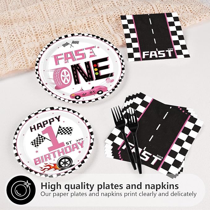 96Pcs Fast One Party Decorations for Girls Pink Race Car 1st Birthday Plates and Napkins Tableware Set Racing Car 1 Year Old Party Decorations Favor for Baby Shower First Birthday Supplies Serves 24