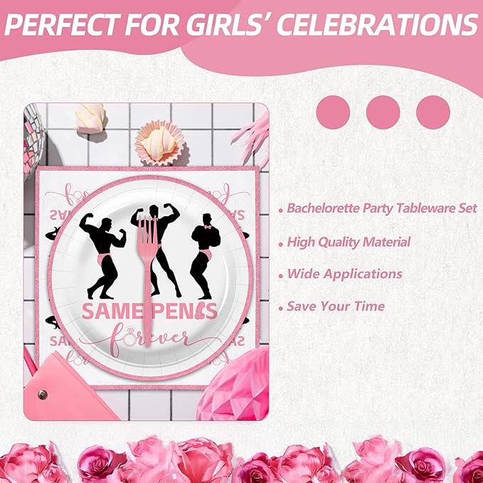 100 Pcs Bachelorette Tableware Party Supplies Set, Serves 25 – Disposable Pink Paper Plates, Napkins, and Forks for Bridal Shower, Hen Party, Engagement, Girls Night, Valentine’s Day Decorations