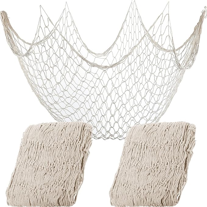 Shappy 2 Pcs Fish Net Decorative 80 x 40 Inch, Wall Hanging Fishnet for Mermaid, Pirate, Nautical, Under The Sea Party Decoration Ocean Themed Hawaii Beach Birthday Halloween Party Supplies(Beige)