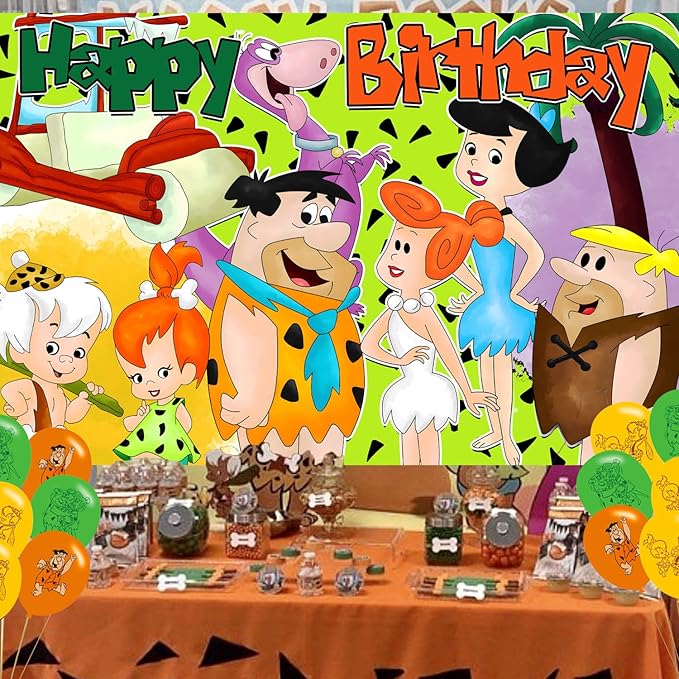 Pebbles and Bam bam Birthday Party Decoration,Flintstones Party Photo Background 5 x 3 FT and 18 Pcs Balloon,Merch Party Backdrop Supplies