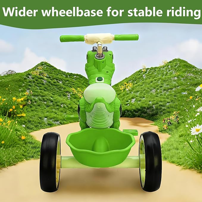 NMM Dinosaur Tricycle for Toddlers, Kids Trike with Music, LED, Tricycles for 3-5 Year Olds, for Rider, Big Wheel, Storage Basket, Horn, Toddler Bike for Boy, Dinosaur Toys for Kids 2-4 4-7