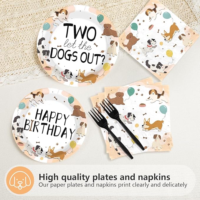 96Pcs Dog Theme 2nd Birthday Party Supplies puppy paw print Plates and Napkins Happy Birthday Tableware Set for Puppy 2 Year Old Kids Pet Lovers Animal Party Supplies Serves 24