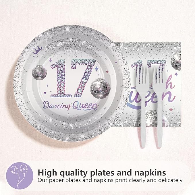 Grencian 96 Pcs Dancing Queen 17th Birthday Party Supplies Dancing Queen 17th Paper Plates and Napkins Disposable Silver Disco Party Tableware Set for Girls 17 Year Old Birthday Decorations Serves 24